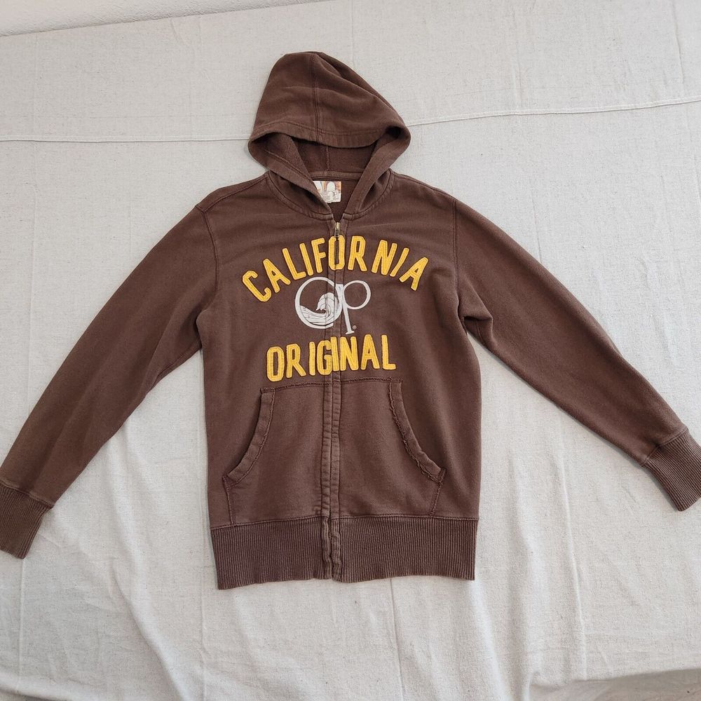 OP Ocean Pacific Sweater Mens Small Brown Hoodie Full Zip Brown Spell Out